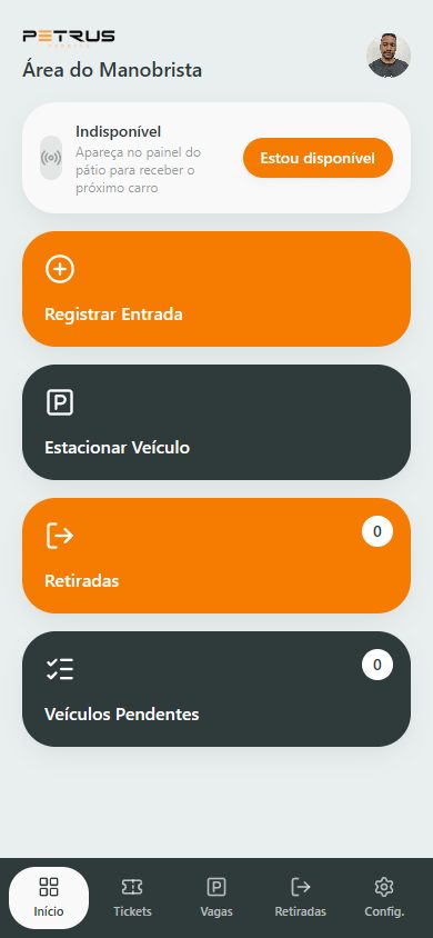 App do manobrista do Petrus Parking no celular, com botão Estou disponível